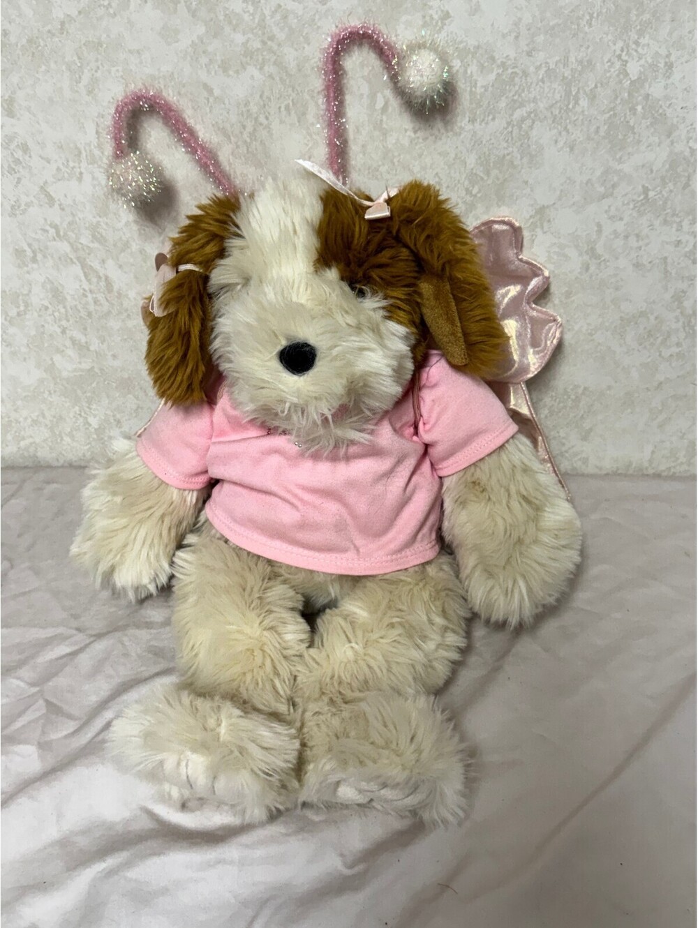 Build-A-Bear Shaggy Puppy Plush in Pink Hugs Shirt and Heart Headband